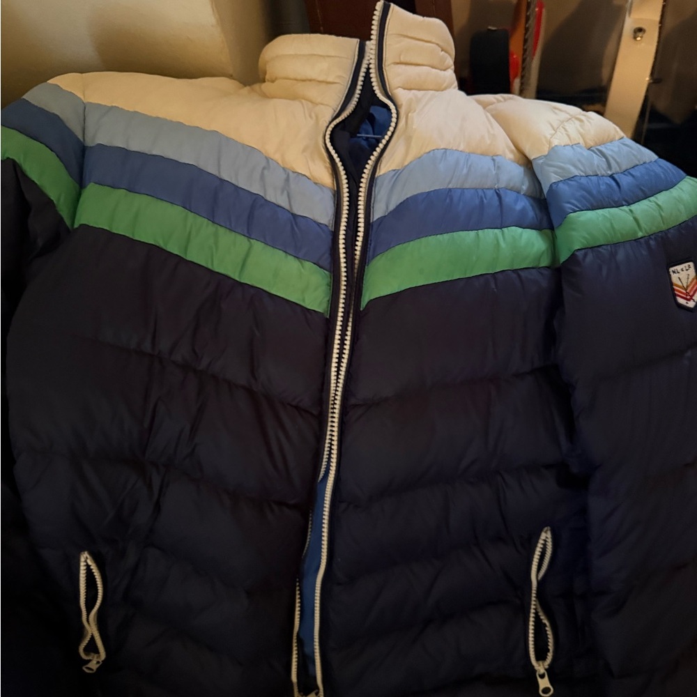 Marine Layer Navy, Cream, Light Blue & Green Striped Puffer Jacket